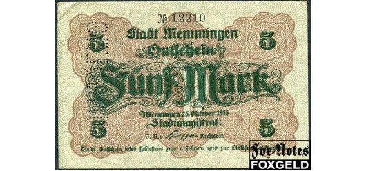 Memmingen  / Bayern 5 Mark 1918 25. Oktober 1918. XF В3 358.01E 500 РУБ