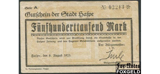 Haspe / Westfalen 500,000 Mark 1923 Gutschein der Stadt Haspe. F B7 2246.a 350 РУБ