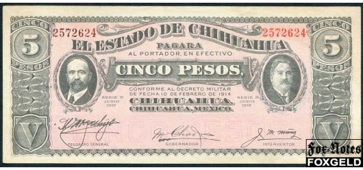 Мексика /  El Estado de Chihuahua 5 песо 1915 9-10-15… аUNC P:S532A 1200 РУБ