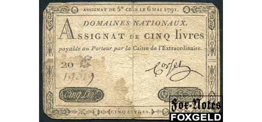 Королевство Франция / Domaines Nationaux 5 ливров 1791 6 mai 1791 (1й выпуск 1791г. ) VG P:A42 2500 РУБ