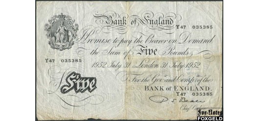 Великобритания  Bank of England 5 фунтов 1952 BE94c. Sign. P.S. Beale. 31 Juli. аF P:344 8500 РУБ