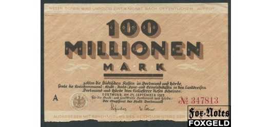 Dortmund / Westfalen 100 Mio. Mark 1923 24. September 1923. Stadt und Landkreis Dortmund und Hörde F B7:1061l 350 РУБ