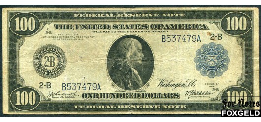 США Federal Reserve Note 100 долларов 1914 Series of 1914 Sign. Burke McAdoo  B2 (FRB New York) VG+ Fr1088 65000 РУБ