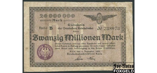 Германия Имперские ЖД 20 Mio. Mark 1923 Reichsbahndirektion Koln / F P:S1287 / 013.9. 400 РУБ