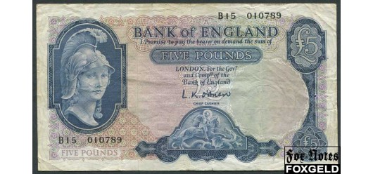 Великобритания  Bank of England 5 фунтов ND(1957) Серия B, Sign.L.K.O'Brain / L5 на РВ голубая F P:371 3500 РУБ