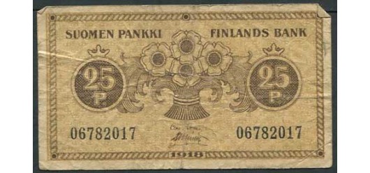 Финляндия 25 пенни 1918 Clas von Collan - Muller. F P:33 200 РУБ