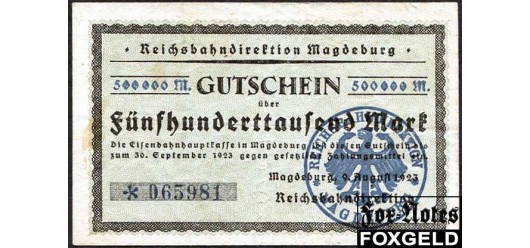 Германия Имперские ЖД 500000 Mark 1923 Reichsbahndirektion Magdeburg / WZ. Reinische Wellen  / *  # aVF P:S1311 / 015.1.a 2000 РУБ