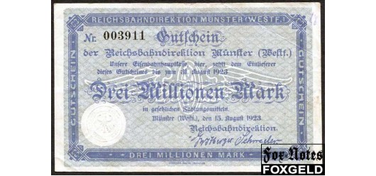 Германия Имперские ЖД 3 Mio. Mark 1923 Reichsbahndirektion Münster/Westf. /  1 выпуск 1923г. (15.08.23) aVF P:S1322 / 018.2. 1600 РУБ