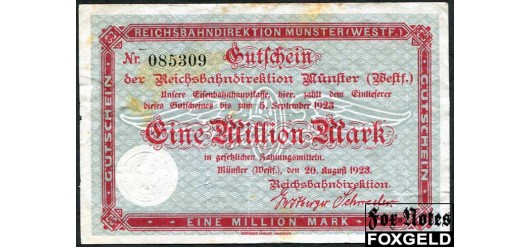 Германия Имперские ЖД 1 Mio. Mark 1923 Reichsbahndirektion Münster/Westf. /  2 выпуск 1923г. (20.08.23) aVF P:S1323A / 018.4. 1200 РУБ