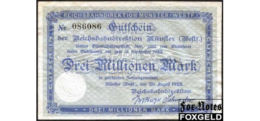 Германия Имперские ЖД 3 Mio. Mark 1923 Reichsbahndirektion Münster/Westf. /  2 выпуск 1923г. (20.08.23) aVF P:S1323B / 018.5. 1800 РУБ