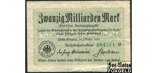 Германия Имперские ЖД 20 Mrd. Mark 1923 Reichsbahndirektion Halle (S) / F P:S1246 / 010.6.a 900 РУБ