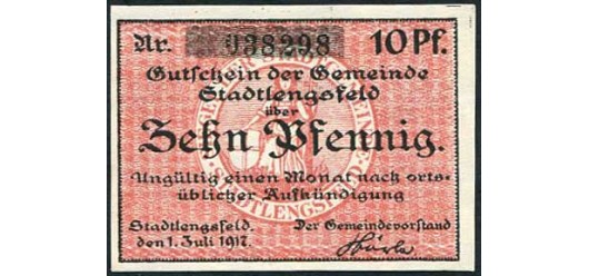 Stadtlengsfeld / Thüringen 10 Pfennig 1917 Gemeinde. 1. Juli 1917. Uschr. Hörle . Без водяных знаков aUNC B6:98.9 300 РУБ