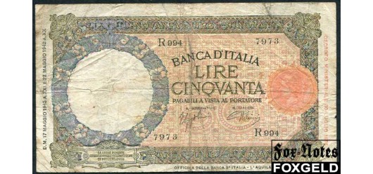 Италия / Banca d'Italia 50 лир 1943 17.05.1943.  Серии A991-V1040 aF P:58 / BI.254 1200 РУБ