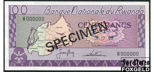 Руанда 100 франков 1969 SPECIMEN ОБРАЗЕЦ UNC P:8s1 7000 РУБ