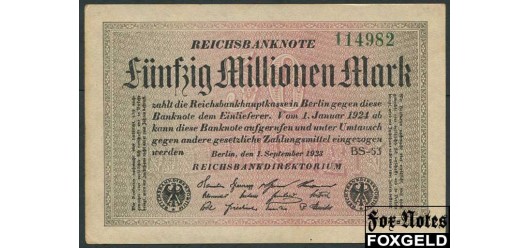 Германия / Reichsbank 50 Mio. Mark 1923 1.9.23г. в/з Rauten #6  FZ черн. аUNC Ro:108j 350 РУБ