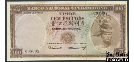 Португальский Тимор 100 эскудо 1963 Sign. - Pedro de Mascarenhas Gaivão, Francisco José Vieira Machado aUNC P:28 300 РУБ