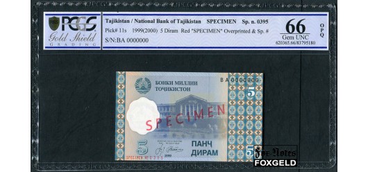 Таджикистан 5 Дирам 1999 SPECIMEN ОБРАЗЕЦ Холдер PCGS 66 Gem UNC P:11s 5500 РУБ