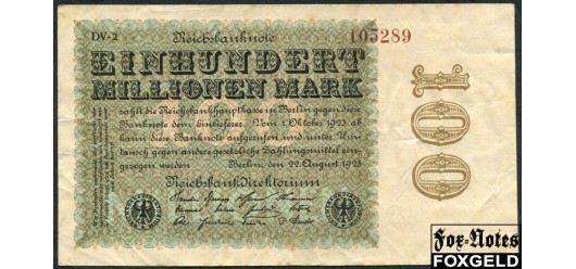 Германия / Reichsbank 100 Mio. Mark 1923 22. August 1923. Hakenstern. Тип.  DV (Deutsche Verlagsanstalt, Stuttgart) VF Ro:106l 200 РУБ