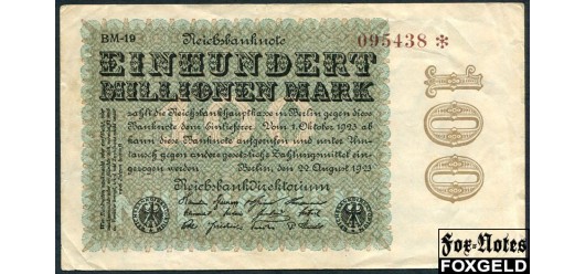 Германия / Reichsbank 100 Mio. Mark 1923 22. August 1923. Hakenstern. Тип.   BM (E. Bruckmann, München) VF+ Ro:106l 230 РУБ