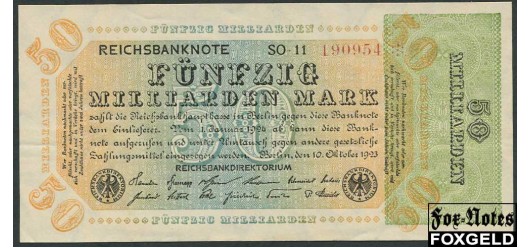 Германия / Reichsbank 50 Mrd. Mark 1923 Reichsbanknote. 10.10.23 В/з Hakenstern #6 / SO (G. Stalling, Oldenburg ???) aUNC Ro:117b 3500 РУБ