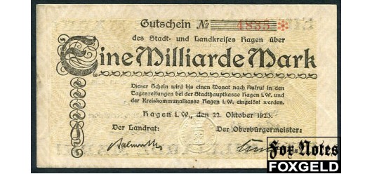 Hagen i. W. / Westfalen 1 Mrd. Mark 1923 Stadt- und Landkreis aUNC B7:2039.e 2000 РУБ