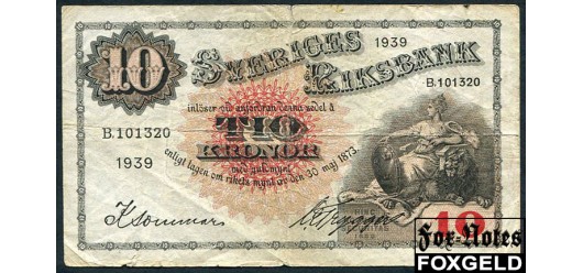 Швеция Sveriges Riksbank 10 крон 1939  VG P:34v 500 РУБ