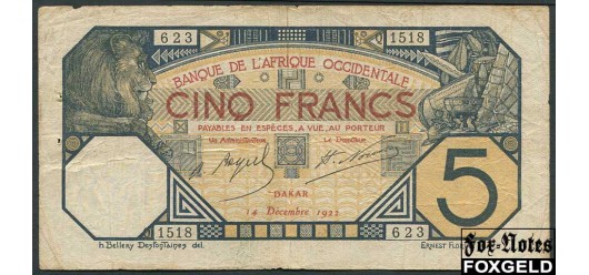 Французская Западная Африка 5 франков 1922 DAKAR 14 decembre 1922 F P:5Bb 4500 РУБ