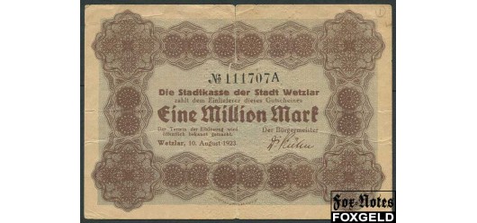 Wetzlar / Rheinprovinz 1 Mio. Mark 1923 Без в/з VG В8 5594f 300 РУБ