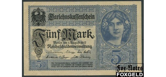 Германия / Reichsschuldenverwaltung 5 Mark 1917 1. August 1917. X.#8. Рис. серо-голубой. аUNC Ro:54d 650 РУБ