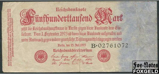 Германия / Reichsbank 500000 Mark 1923 25. Juli 1923. Reichsdrukerei VF Ro:91a 200 РУБ