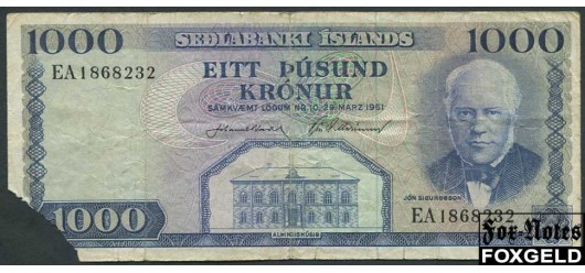 Исландия 1000 крон L.1961 Sign. 34  J. Nordal - J.G. Mariasson, 1961-67 G P:46 500 РУБ