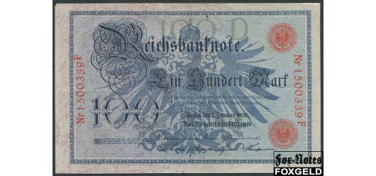 Германия / Reichsbank 100 Mark 1908 Две красные печати.  # 29мм VF Ro:33b 170 РУБ