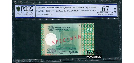 Таджикистан 20 дирам 1999 SPECIMEN ОБРАЗЕЦ Холдер PCGS 67 GemUNC P:12s 6000 РУБ