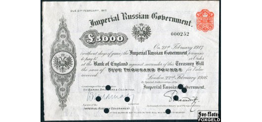 Российская Империя / Imperial Russian Government 5000 фунтов 1916 Краткосрочное Об-во Гос. Казначейства.  22. 02.1916 г. Подпись: Alfred Mildmay VF АА №PK6.1.5e 9000 РУБ