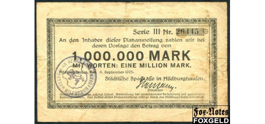 Hildburghausen / Thuringen 1 Mio. Mark 1923 Stadtische Sparkasse. 6. September 1923. VG-aF В7:2369.e 1300 РУБ
