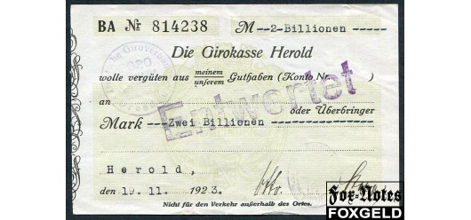 Herold / Sachsen 2 Billionen Mark 1923 Girokasse. 19.11.1923. aXF В7:2345.ee 4000 РУБ