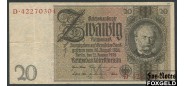Германия / Reichsbank 20 Reichsmark 1929 2 тип (офсет, с выдавленными штампом, в/з портрет) VF Ro:174b 500 РУБ
