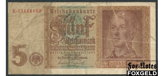 Германия Reichsbank 5 марок 1942 #8 F Ro:179b 350 РУБ