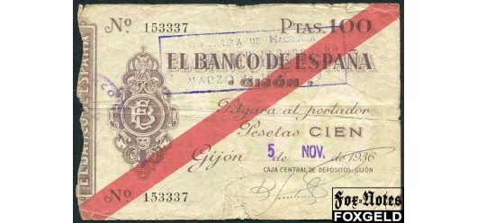 Испания 100  песет 1936 El Banco de Espana GIJON VG  3000 РУБ