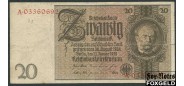Германия / Reichsbank 20 марок 1929 (1945) в/з орнамент, без Литеры F Ro.174d 350 РУБ