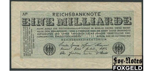 Германия / Reichsbank 1 Mrd. Mark 1923 20.10.23 В/з Kreuzbluten FZ VF+ Ro:119a 400 РУБ