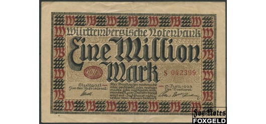 Wurttembergische Notenbank 1 Mio. Mark 1923 Banknote. 15. Juni 1923. VF WTB17 400 РУБ
