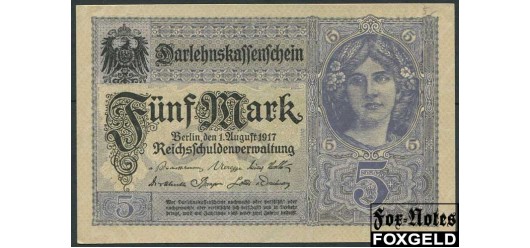 Германия / Reichsschuldenverwaltung 5 Mark 1917 1. August 1917. Л.с. серо-фиолетовый #8 аUNC Ro:54с 450 РУБ