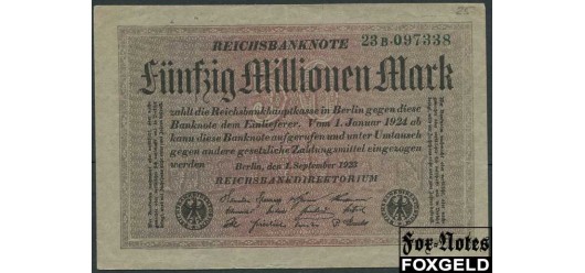 Германия / Reichsbank 50 Mio. Mark 1923 1.9.23г. в/з Kreuzbluten #6 FZ зелен. VF Ro:108b 100 РУБ