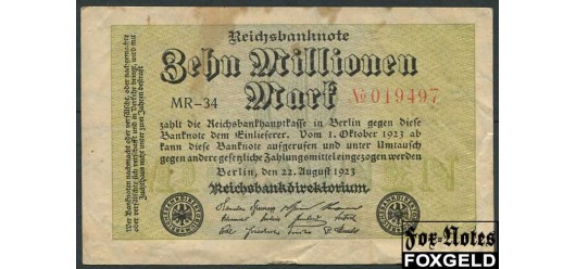 Германия / Reichsbank 10 Mio. Mark 1923 22.8.23г. в/з Hakenstern #6 F Ro:105a 100 РУБ