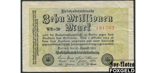 Германия / Reichsbank 10 Mio. Mark 1923 22.8.23г. в/з Hakenstern #6 VF Ro:105a 120 РУБ