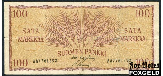 Финляндия 100 марок 1957 Karjalainen Sacklen VF P:97a 400 РУБ