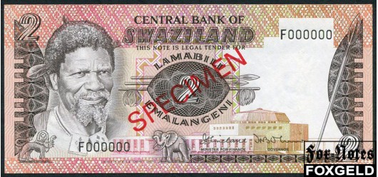 Свазиленд 2 эмалангени ND(1983) SPECIMEN Образец UNC P:8s 4000 РУБ