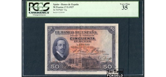 Испания Banco de Espana 50 песет 1927 Холдер PCGS 35 VF P:72a 10000 РУБ