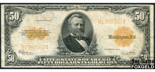 США Gold Certificates 50 долларов 1922 Sign. Speelman White # большой, Печать золотая F Fr1200 75000 РУБ